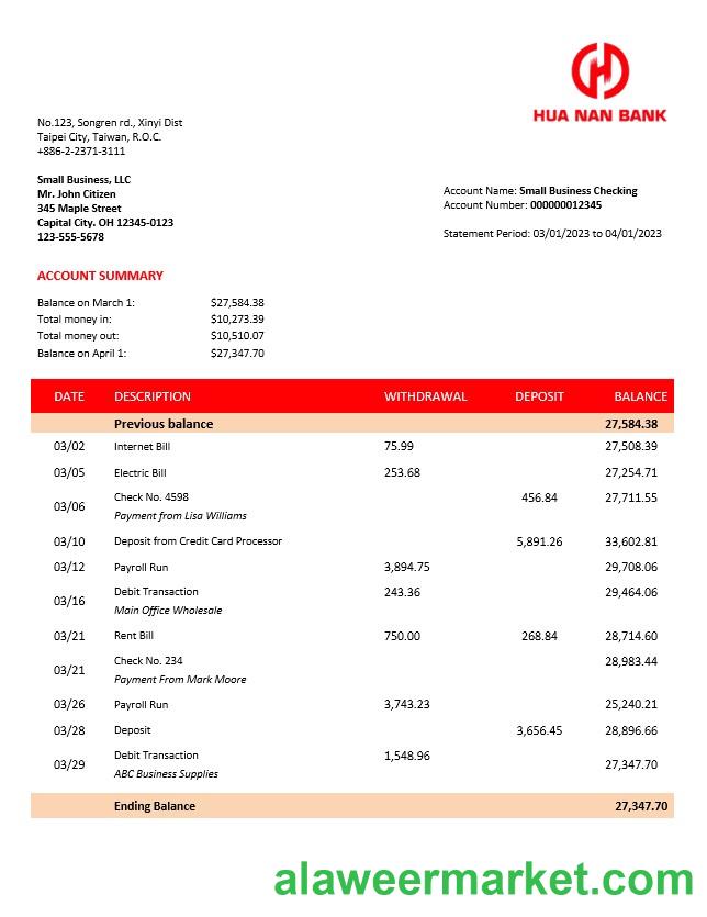 Hua Nan Financial Holdings firm bank statement Word and PDF template